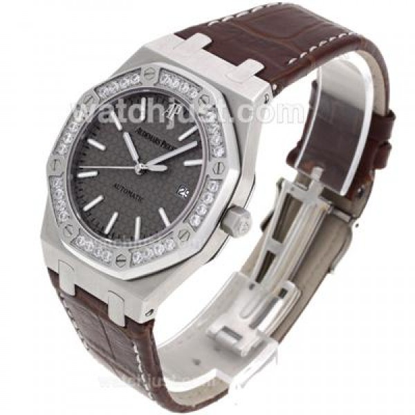 Audemars Piguet Royal Oak Swiss ETA 2836 Movement Diamond Bezel with Gray Checkered Dial-Brown Leather Strap