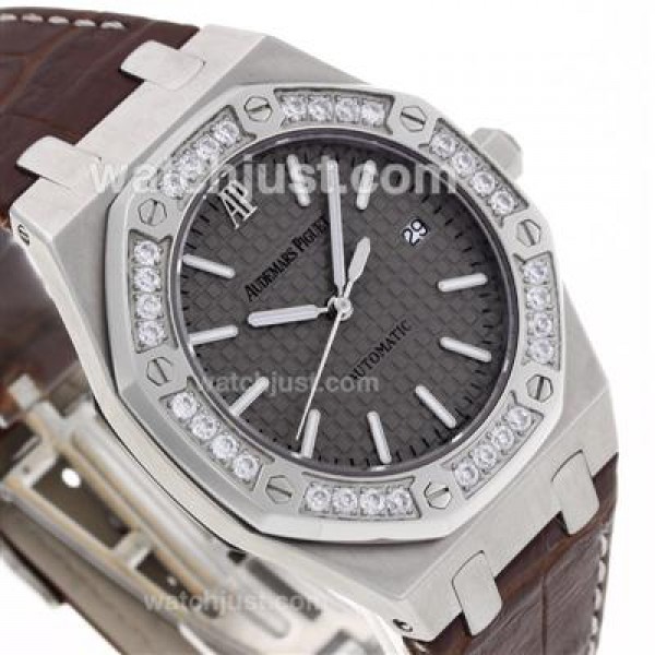 Audemars Piguet Royal Oak Swiss ETA 2836 Movement Diamond Bezel with Gray Checkered Dial-Brown Leather Strap