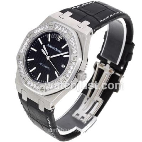 Audemars Piguet Royal Oak Swiss ETA 2836 Movement Diamond Bezel with Black Checkered Dial-Leather Strap