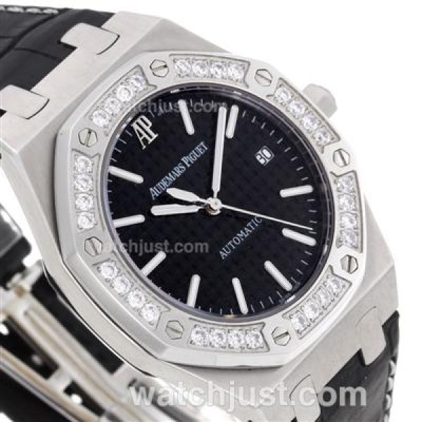 Audemars Piguet Royal Oak Swiss ETA 2836 Movement Diamond Bezel with Black Checkered Dial-Leather Strap