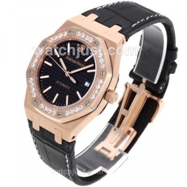 Audemars Piguet Royal Oak Swiss ETA 2836 Movement Rose Gold Case Diamond Bezel with Black Checkered Dial-Black Leather S
