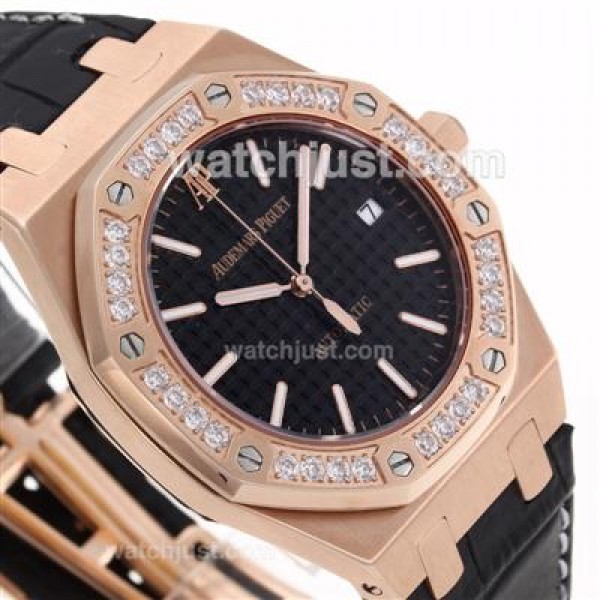 Audemars Piguet Royal Oak Swiss ETA 2836 Movement Rose Gold Case Diamond Bezel with Black Checkered Dial-Black Leather S