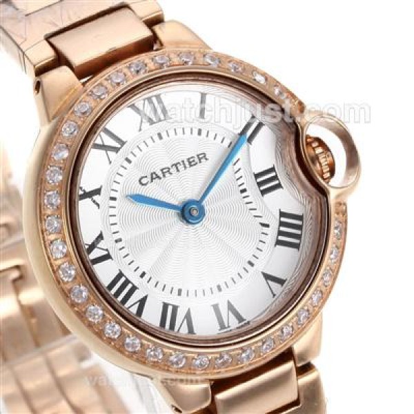 Cartier Ballon bleu de Cartier Full Rose Gold Diamond Bezel with White Dial-Lady Size