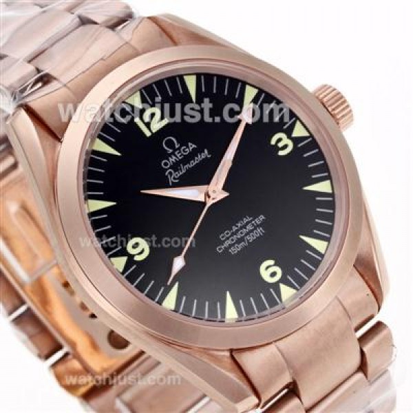 Best Quality Omega Railmaster Replica Watches With Black Dials And Rose Gold Cases