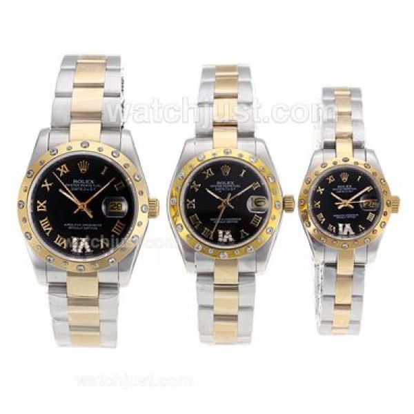 Rolex Datejust Automatic Two Tone Diamond Bezel Roman Markers with Black Dial-Sapphire Glass