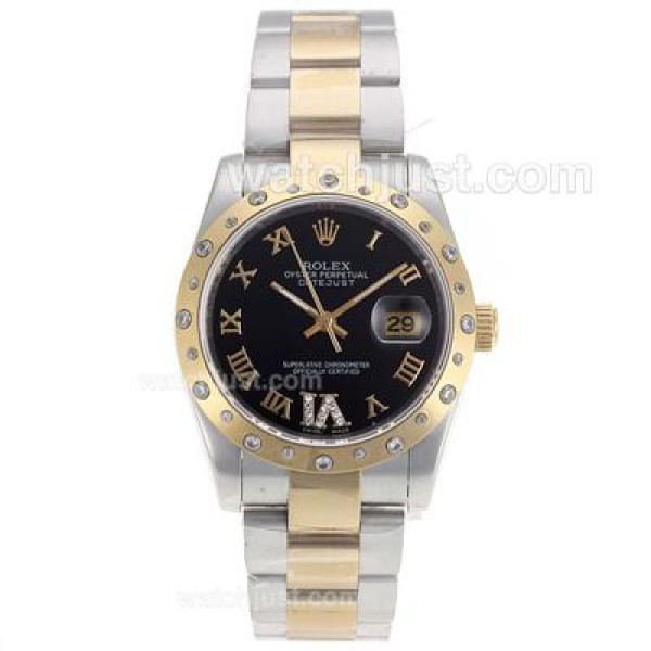 Rolex Datejust Automatic Two Tone Diamond Bezel Roman Markers with Black Dial-Sapphire Glass