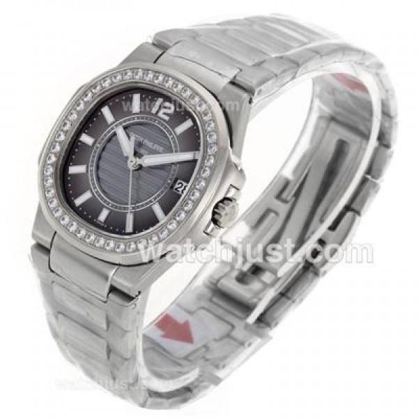 Patek Philippe Nautilus Swiss ETA Movement Diamond Brezl Stick Markers with Gray Dial S/S-Sapphire Glass