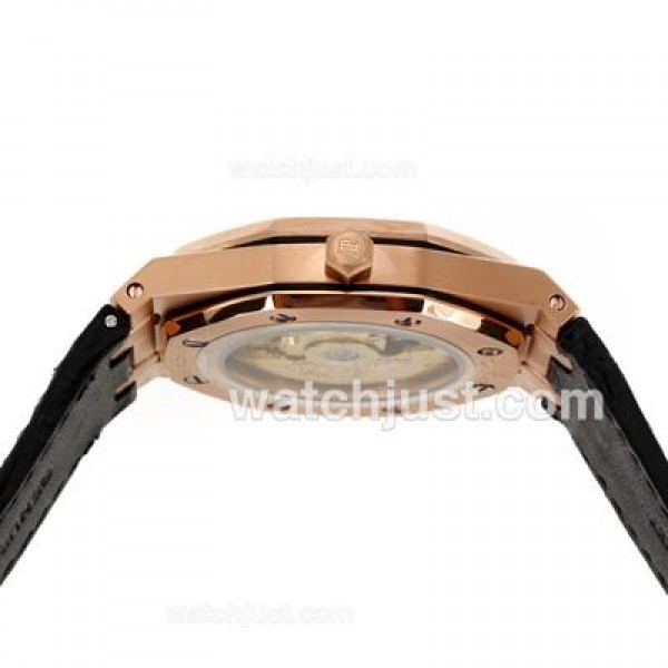 Audemars Piguet Royal Oak Swiss ETA 2824 Movement Rose Gold Case Diamond Bezel with Black Checkered Dial-Leather Strap