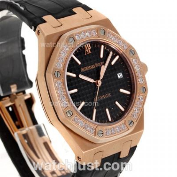 Audemars Piguet Royal Oak Swiss ETA 2824 Movement Rose Gold Case Diamond Bezel with Black Checkered Dial-Leather Strap