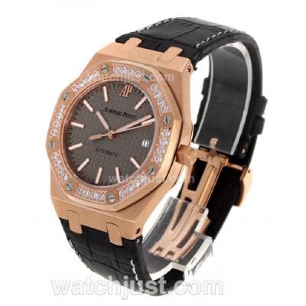Audemars Piguet Royal Oak Swiss ETA 2824 Movement Rose Gold Case Diamond Bezel with Gray Checkered Dial-Leather Strap