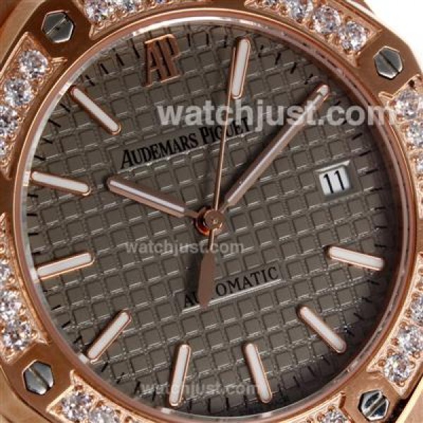 Audemars Piguet Royal Oak Swiss ETA 2824 Movement Rose Gold Case Diamond Bezel with Gray Checkered Dial-Leather Strap