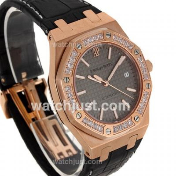 Audemars Piguet Royal Oak Swiss ETA 2824 Movement Rose Gold Case Diamond Bezel with Gray Checkered Dial-Leather Strap
