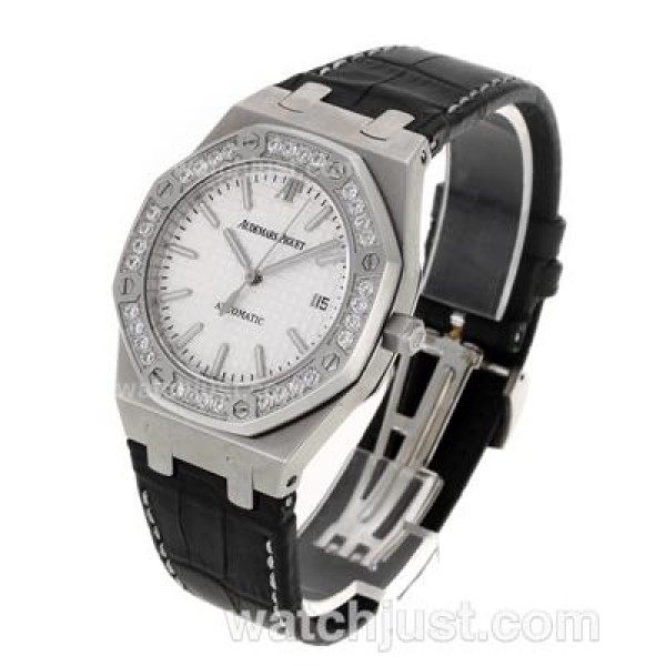 Audemars Piguet Royal Oak Swiss ETA 2824 Movement Diamond Bezel with White Checkered Dial-Leather Strap