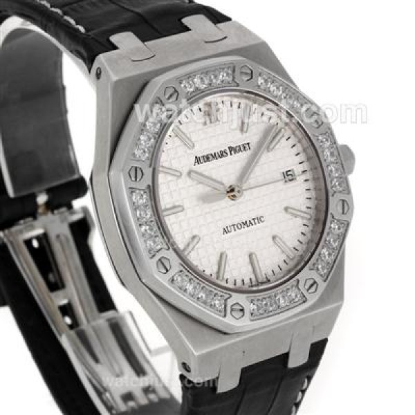 Audemars Piguet Royal Oak Swiss ETA 2824 Movement Diamond Bezel with White Checkered Dial-Leather Strap