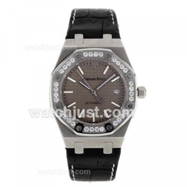 Audemars Piguet Royal Oak Swiss ETA 2824 Movement Diamond Bezel with Gray Checkered Dial-Leather Strap