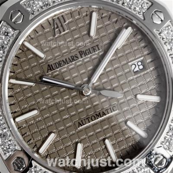 Audemars Piguet Royal Oak Swiss ETA 2824 Movement Diamond Bezel with Gray Checkered Dial-Leather Strap