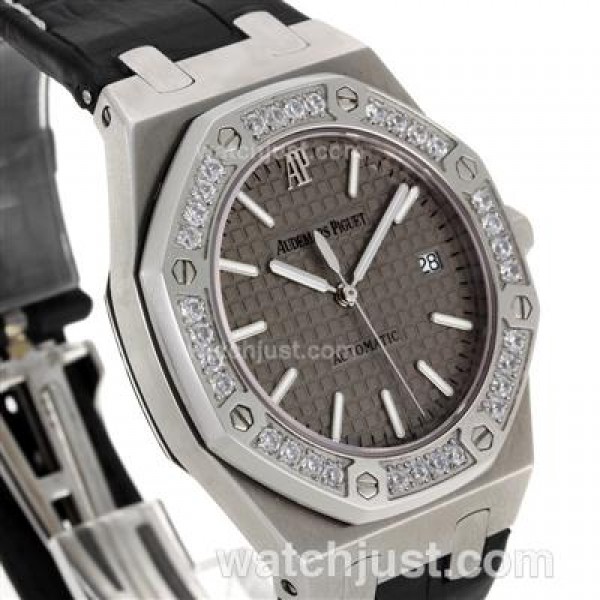 Audemars Piguet Royal Oak Swiss ETA 2824 Movement Diamond Bezel with Gray Checkered Dial-Leather Strap