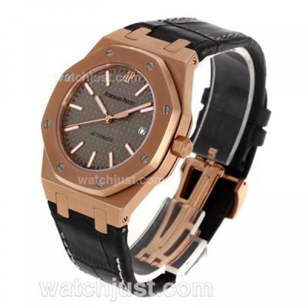 Audemars Piguet Royal Oak Swiss ETA 2824 Movement Rose Gold Case with Gray Checkered Dial-Leather Strap