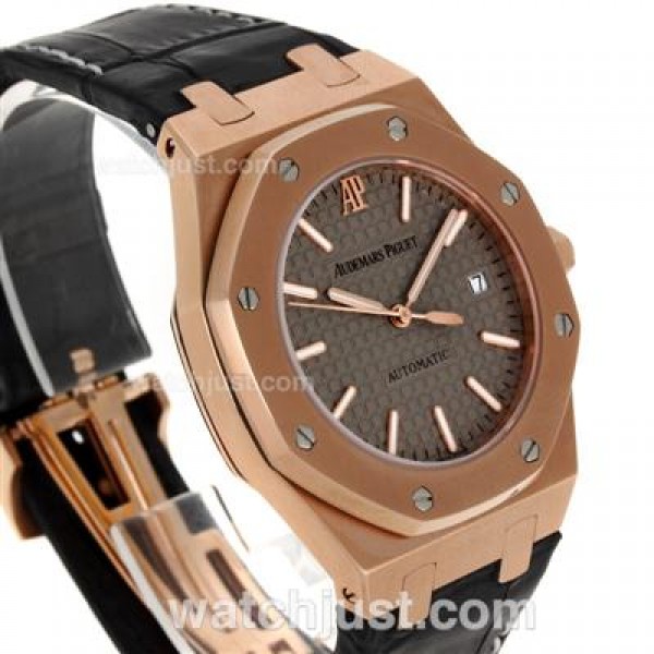Audemars Piguet Royal Oak Swiss ETA 2824 Movement Rose Gold Case with Gray Checkered Dial-Leather Strap