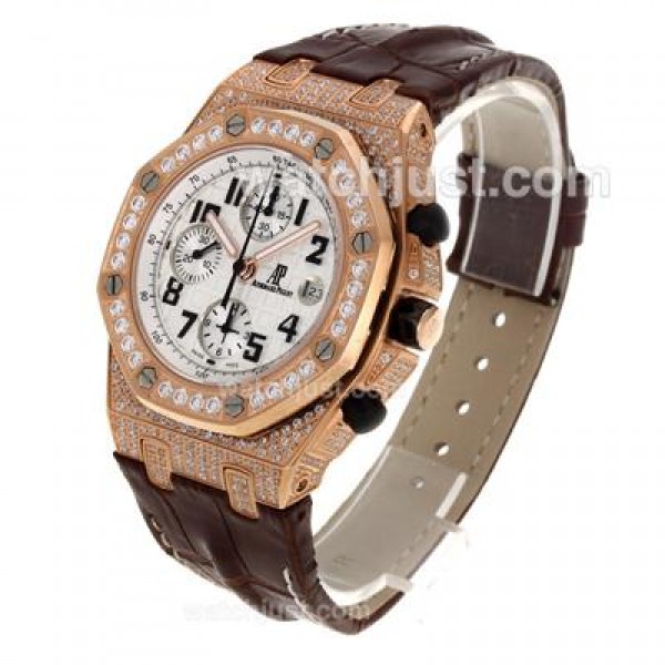 Audemars Piguet Royal Oak Offshore Chronograph Swiss Valjoux 7750 Movement Rose Gold Case Diamond Bezel and Case with Whi