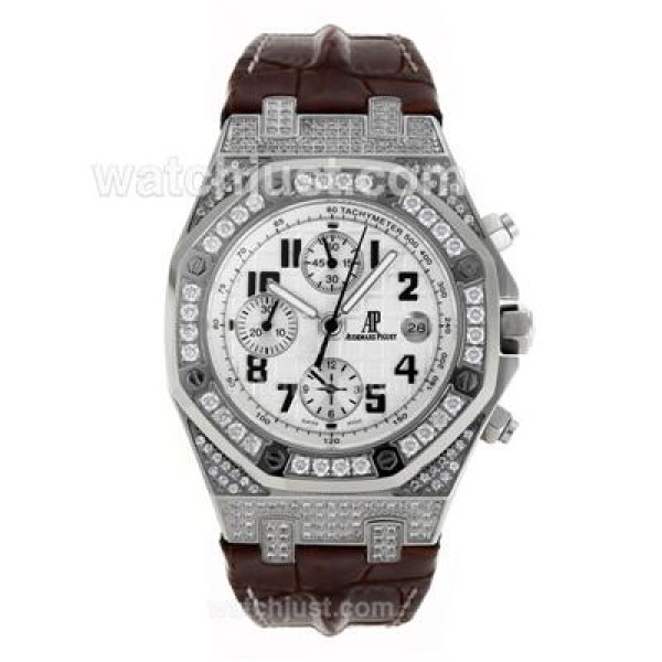 Audemars Piguet Royal Oak Chronograph Swiss Valjoux 7750 Movement Diamond Bezel and Case with White Checkered Dial-Leathe
