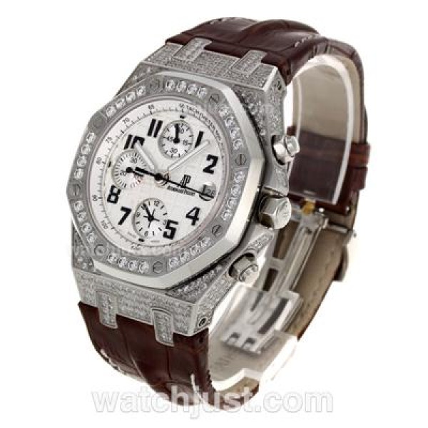 Audemars Piguet Royal Oak Chronograph Swiss Valjoux 7750 Movement Diamond Bezel and Case with White Checkered Dial-Leathe