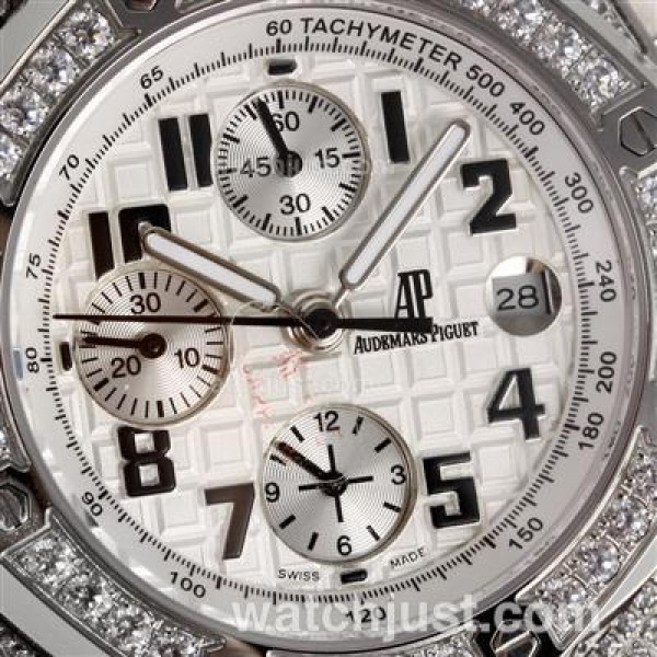 Audemars Piguet Royal Oak Chronograph Swiss Valjoux 7750 Movement Diamond Bezel and Case with White Checkered Dial-Leathe