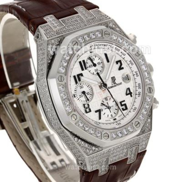 Audemars Piguet Royal Oak Chronograph Swiss Valjoux 7750 Movement Diamond Bezel and Case with White Checkered Dial-Leathe