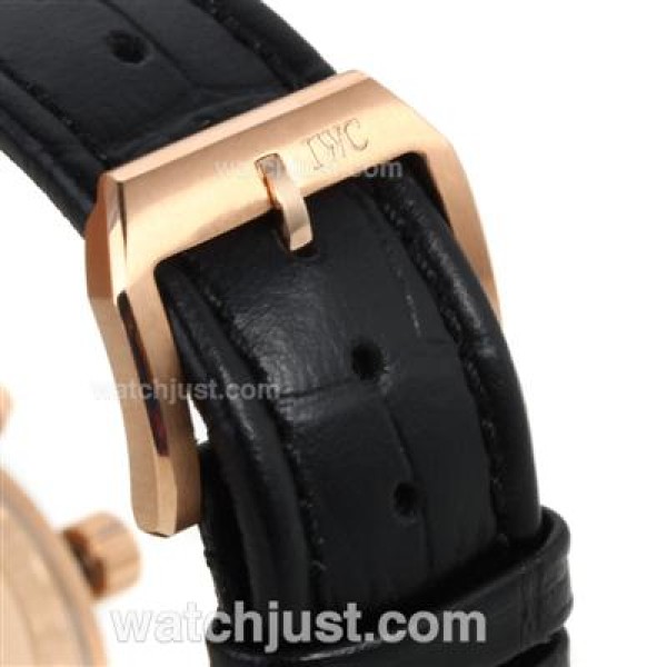 IWC Portuguese Chronograph Swiss Valjoux 7750 Movement Rose Gold Case with Black Dial-Leather Strap