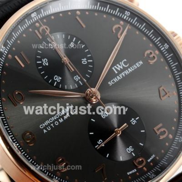 IWC Portuguese Chronograph Swiss Valjoux 7750 Movement Rose Gold Case with Black Dial-Leather Strap