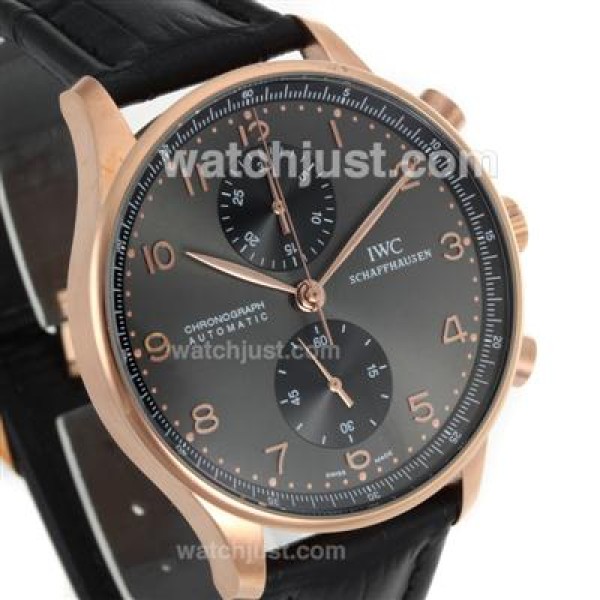 IWC Portuguese Chronograph Swiss Valjoux 7750 Movement Rose Gold Case with Black Dial-Leather Strap