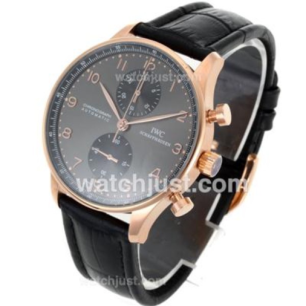 IWC Portuguese Chronograph Swiss Valjoux 7750 Movement Rose Gold Case with Black Dial-Leather Strap