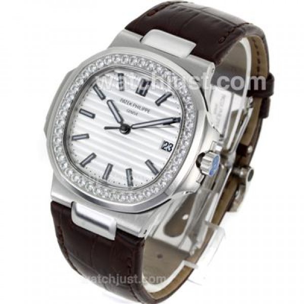 Patek Philippe Nautilus Jumbo MBW Swiss ETA 2824 Movement Diamond Bezel with White Dial-Leather Strap