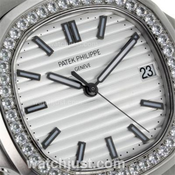 Patek Philippe Nautilus Jumbo MBW Swiss ETA 2824 Movement Diamond Bezel with White Dial-Leather Strap