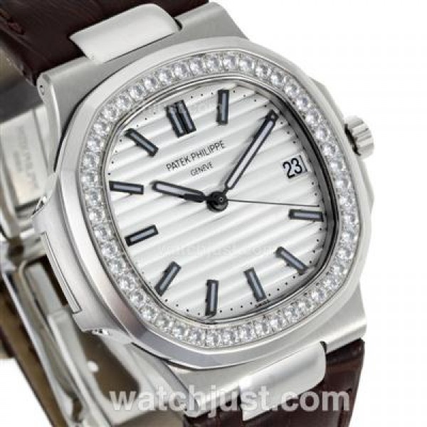Patek Philippe Nautilus Jumbo MBW Swiss ETA 2824 Movement Diamond Bezel with White Dial-Leather Strap