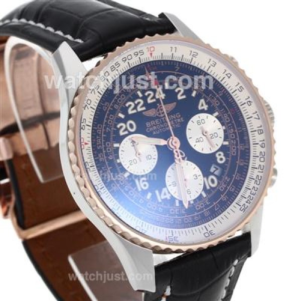 Breitling Cosmonaute Chronograph Swiss Valjoux 7750 Movement Two Tone Case with Black Dial-Leather Strap