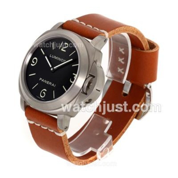 Panerai Luminor Marina Unitas 6497 Movement with Swan Neck Titanium Case with Black Dial-Leather Strap