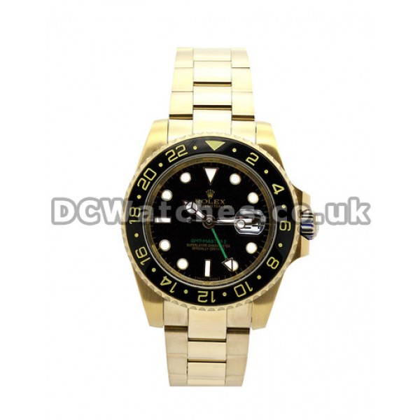 Fake Yellow Gold Rolex GMT Master II Watches For Men With Yellow Gold Bracelet (Ceramic Bezel)