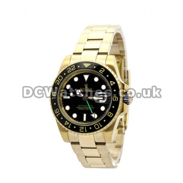 Fake Yellow Gold Rolex GMT Master II Watches For Men With Yellow Gold Bracelet (Ceramic Bezel)