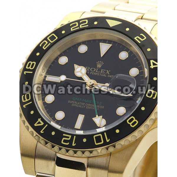 Fake Yellow Gold Rolex GMT Master II Watches For Men With Yellow Gold Bracelet (Ceramic Bezel)