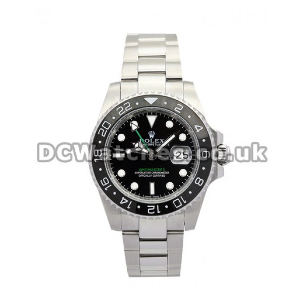 Cheap Replica Steel Rolex GMT Master II Watches With Black Dial For Men (Ceramic Bezel)