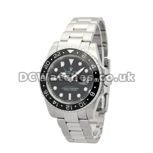 Cheap Replica Steel Rolex GMT Master II Watches With Black Dial For Men (Ceramic Bezel)
