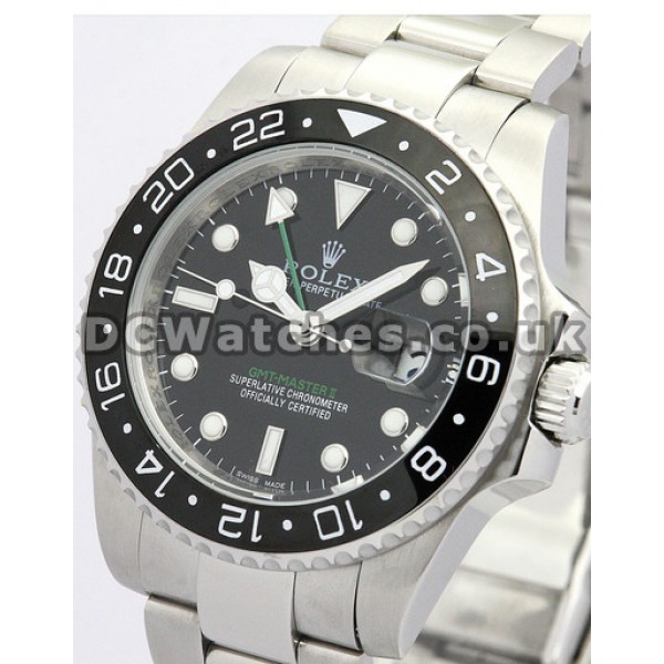 Cheap Replica Steel Rolex GMT Master II Watches With Black Dial For Men (Ceramic Bezel)