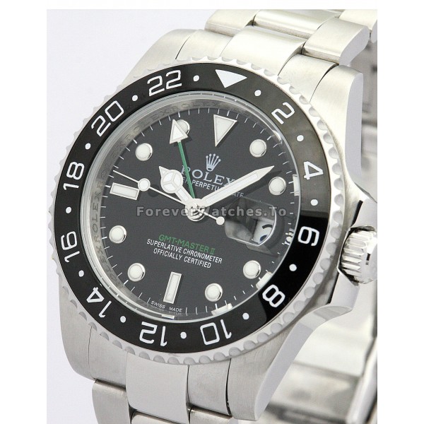 Cheap Replica Steel Rolex GMT Master II Watches With Black Dial For Men (Ceramic Bezel)