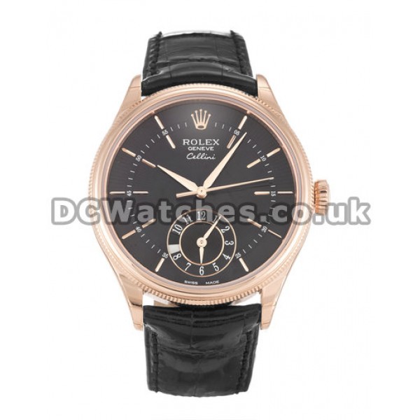 New Rolex Cellini Dual Time Rose Gold Case Black Dial Replica Watches