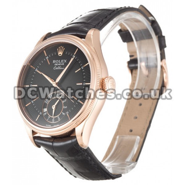 New Rolex Cellini Dual Time Rose Gold Case Black Dial Replica Watches