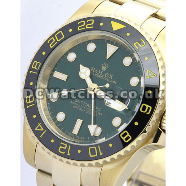 Yellow Gold Replica Rolex GMT Master II 40 MM Watches With Green Dial (Ceramic Bezel)