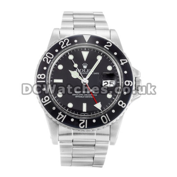 Black Dial Rolex Stainless Steel GMT Master Replica Watches For UK Sale