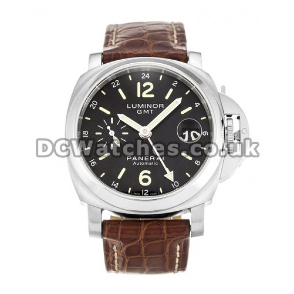 New Swiss Replica Black Dial Panerai Luminor GMT 40MM Watches With Brown Crocodile Leather Strap