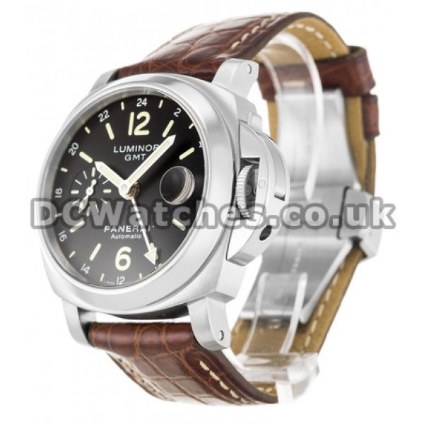 New Swiss Replica Black Dial Panerai Luminor GMT 40MM Watches With Brown Crocodile Leather Strap
